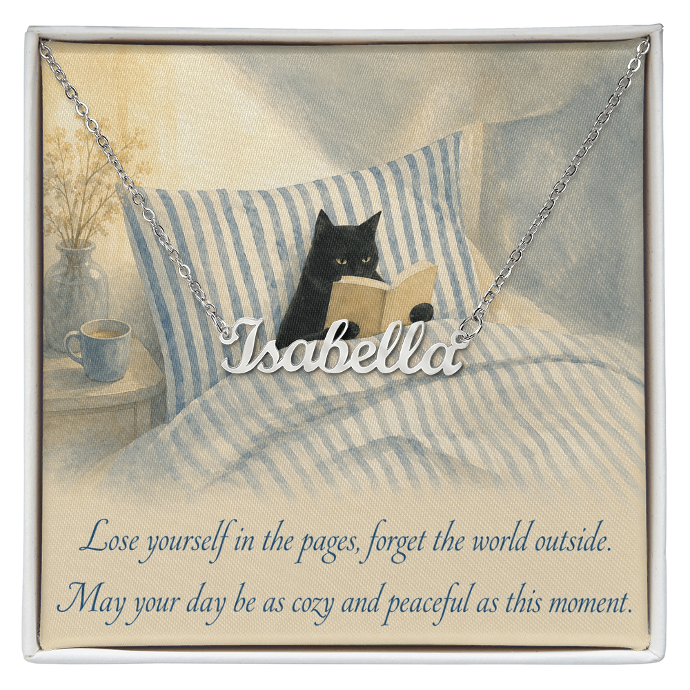 Cat Reading Personalized Name Polished Stainless Steel Necklace With Decorative Card And Box Book Lover Gift Font 1
