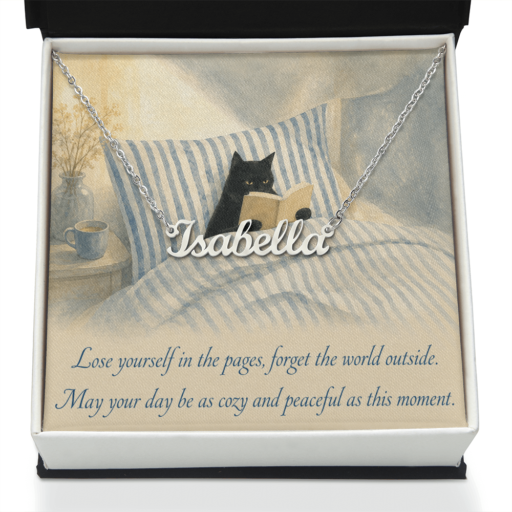 Cat Reading Personalized Name Polished Stainless Steel Necklace With Decorative Card And Box Book Lover Gift Font 1