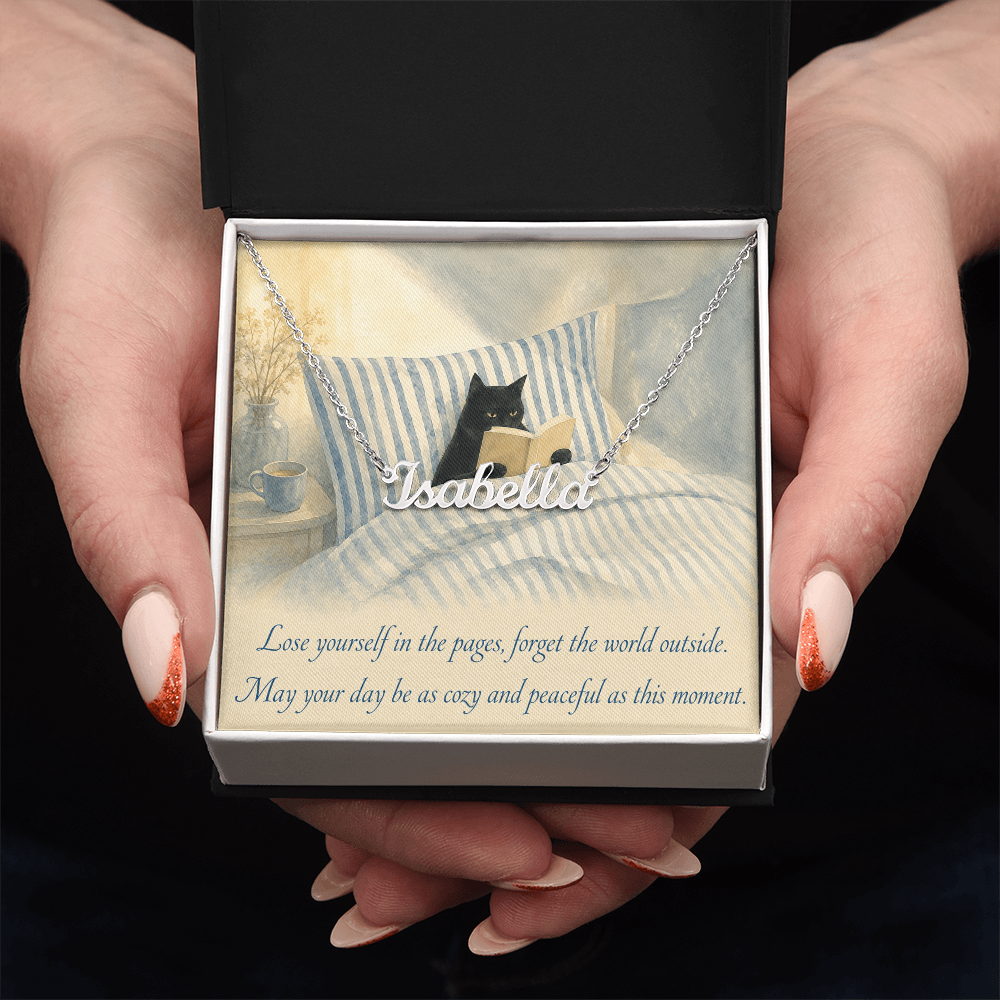 Cat Reading Personalized Name Polished Stainless Steel Necklace With Decorative Card And Box Book Lover Gift Font 1