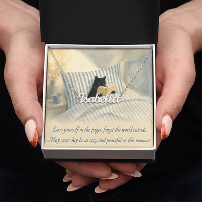 Cat Reading Personalized Name Polished Stainless Steel Necklace With Decorative Card And Box Book Lover Gift Font 1