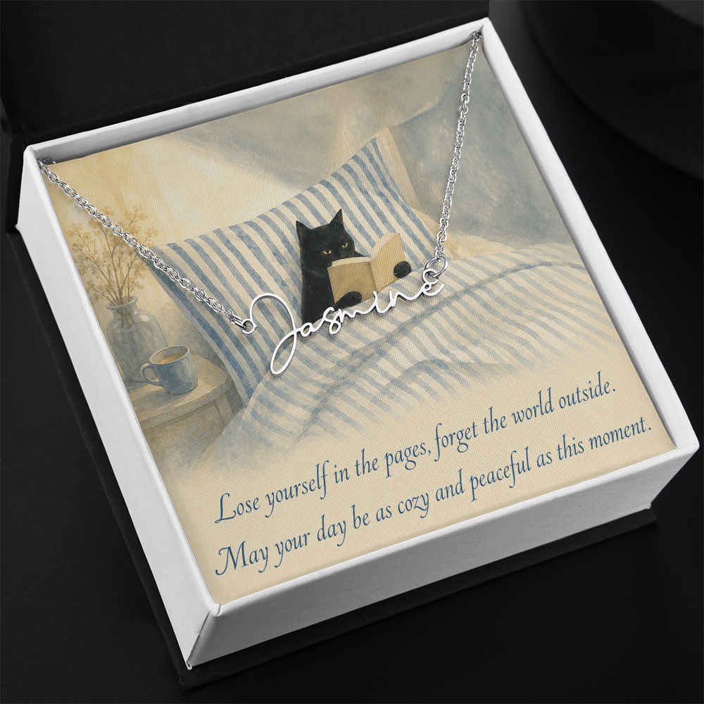 Cat Reading Personalized Name Polished Stainless Steel Necklace With Decorative Card And Box Book Lover Gift Font 2