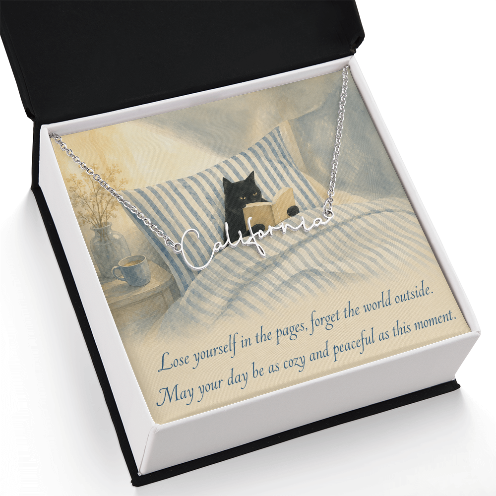 Cat Reading Personalized Name Polished Stainless Steel Necklace With Decorative Card And Box Book Lover Gift Font 2