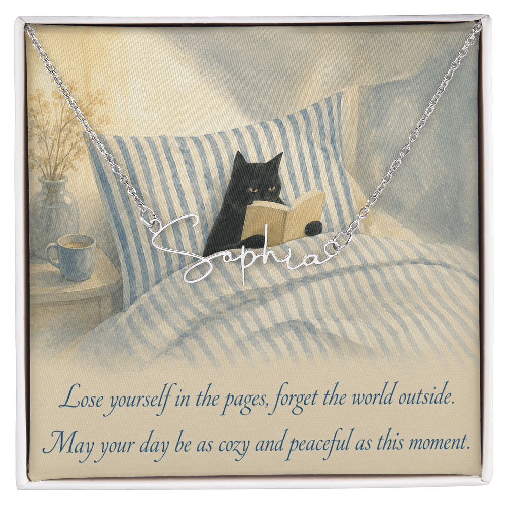Cat Reading Personalized Name Polished Stainless Steel Necklace With Decorative Card And Box Book Lover Gift Font 2