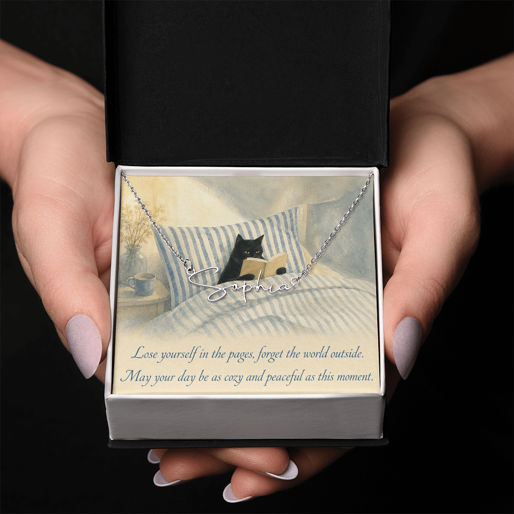 Cat Reading Personalized Name Polished Stainless Steel Necklace With Decorative Card And Box Book Lover Gift Font 2