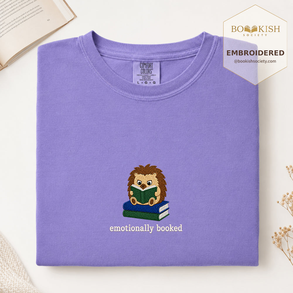 Emotionally Booked Embroidered Comfort Colors® T-shirt | Book Lover Gift Violet