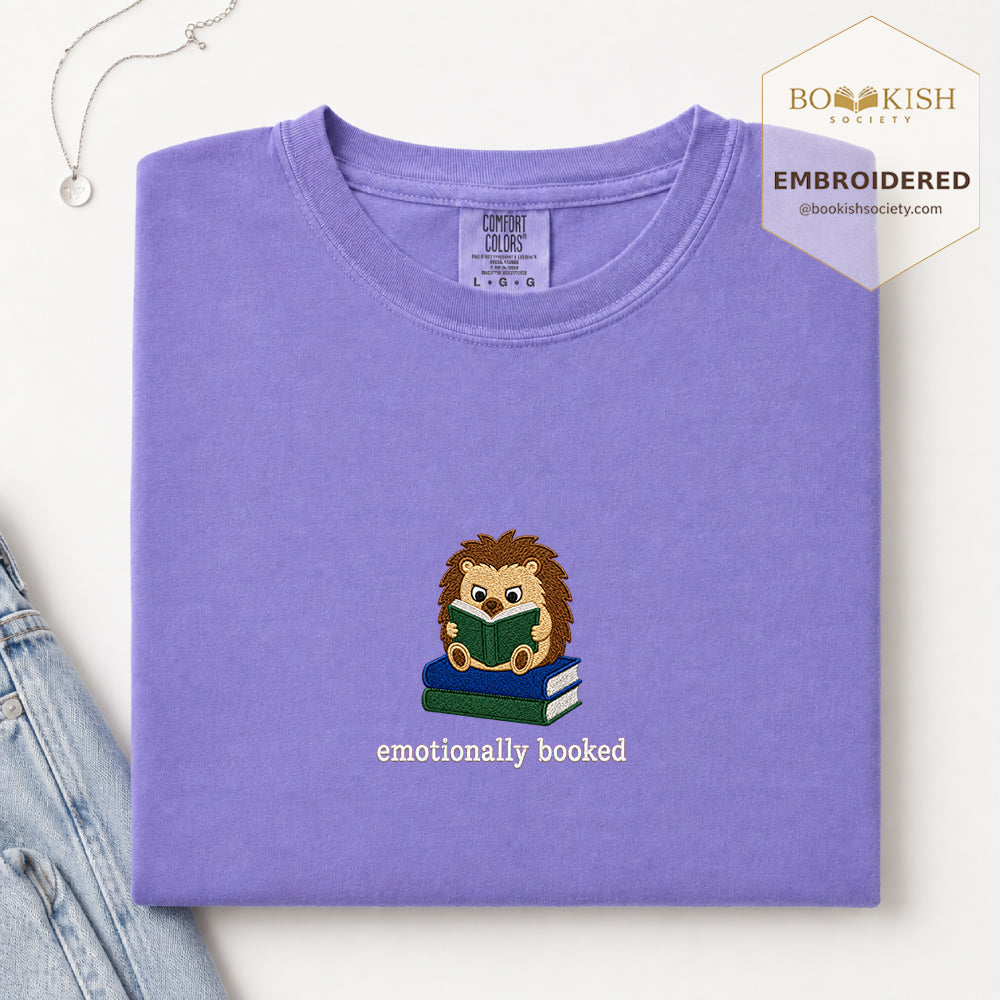 Emotionally Booked Embroidered Comfort Colors® T-shirt | Book Lover Gift Violet