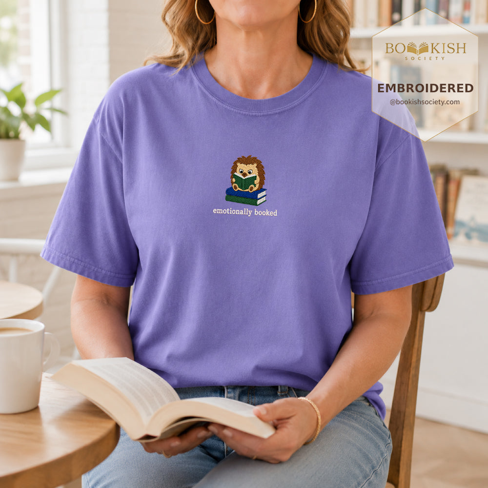 Emotionally Booked Embroidered Comfort Colors® T-shirt | Book Lover Gift Violet