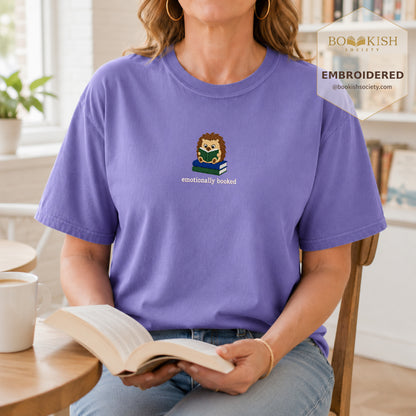 Emotionally Booked Embroidered Comfort Colors® T-shirt | Book Lover Gift Violet