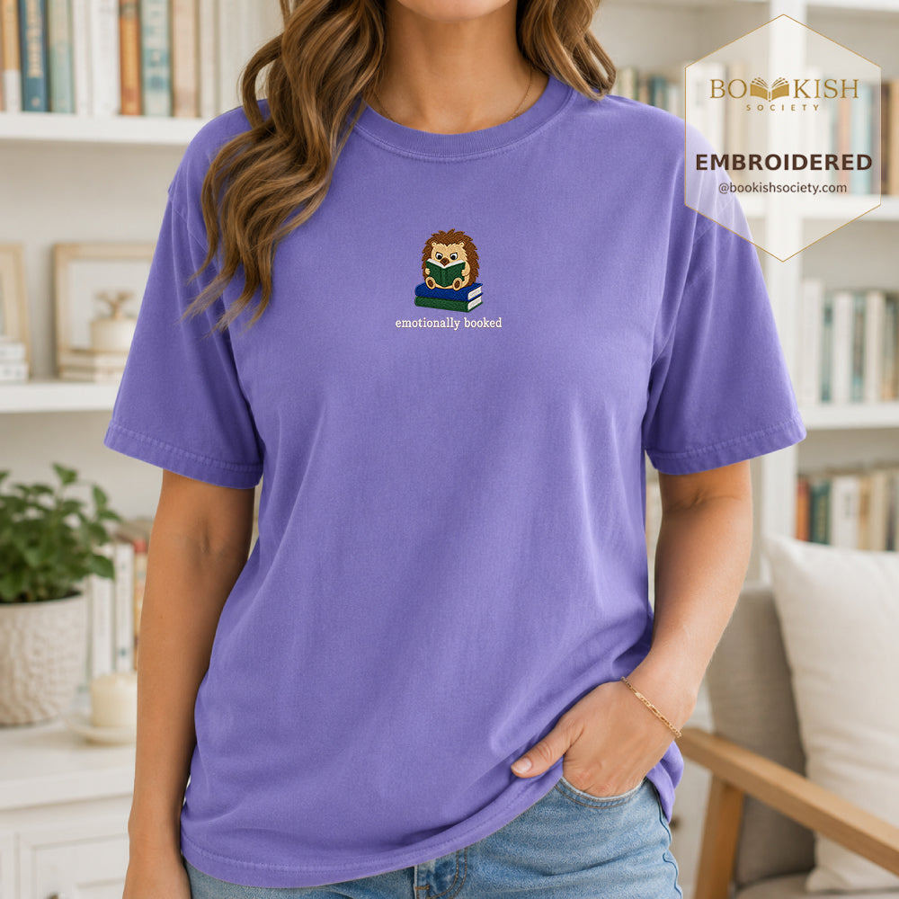 Emotionally Booked Embroidered Comfort Colors® T-shirt | Book Lover Gift Violet