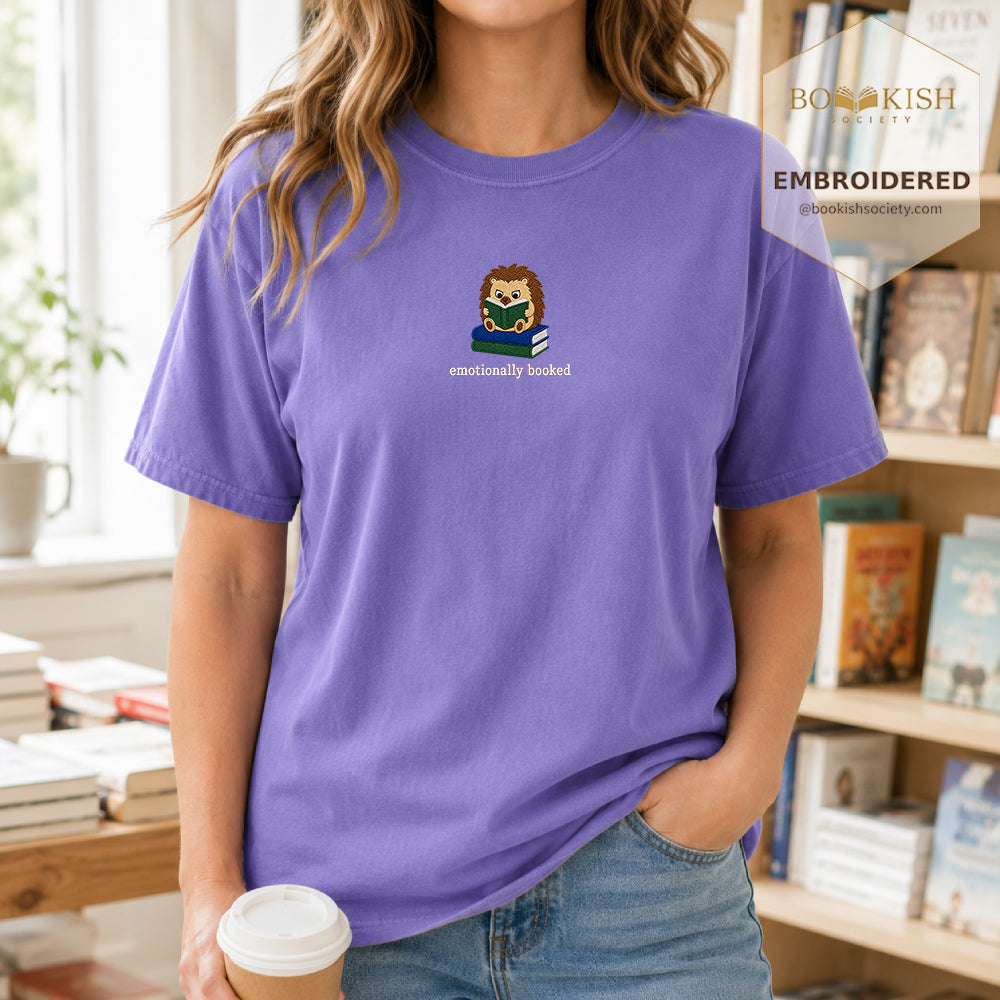 Emotionally Booked Embroidered Comfort Colors® T-shirt | Book Lover Gift Violet