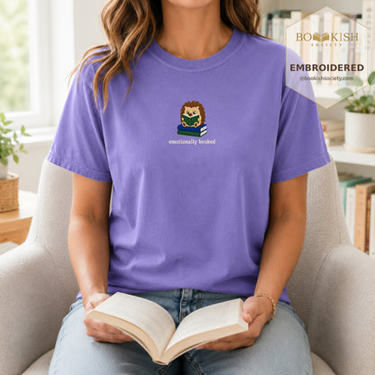 Emotionally Booked Embroidered Comfort Colors® T-shirt | Book Lover Gift Violet