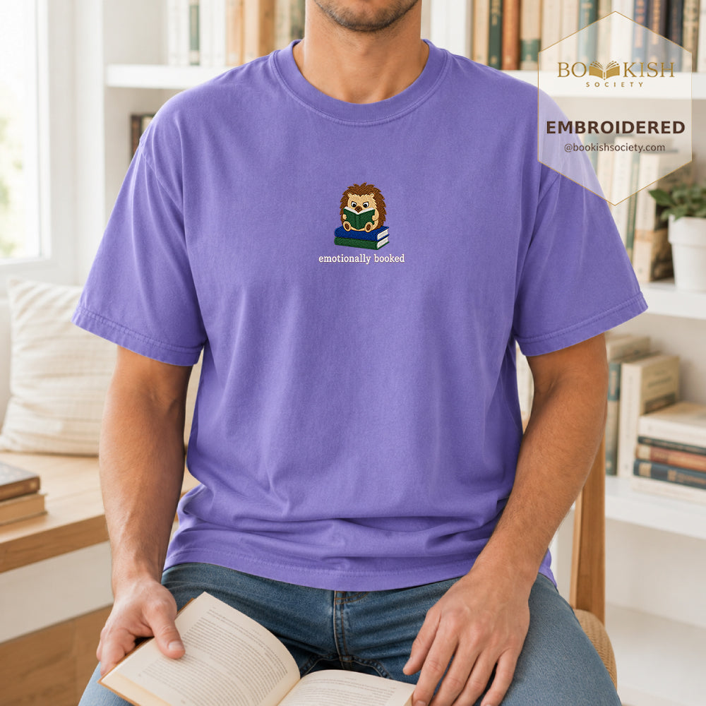 Emotionally Booked Embroidered Comfort Colors® T-shirt | Book Lover Gift Violet