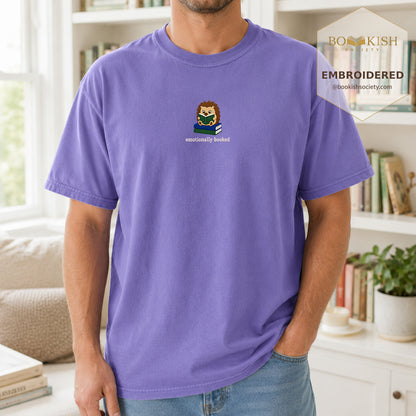 Emotionally Booked Embroidered Comfort Colors® T-shirt | Book Lover Gift Violet