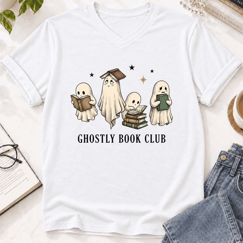 Ghostly Book Club Ultra-Soft V-Neck | Spooky Book Lover Gift White