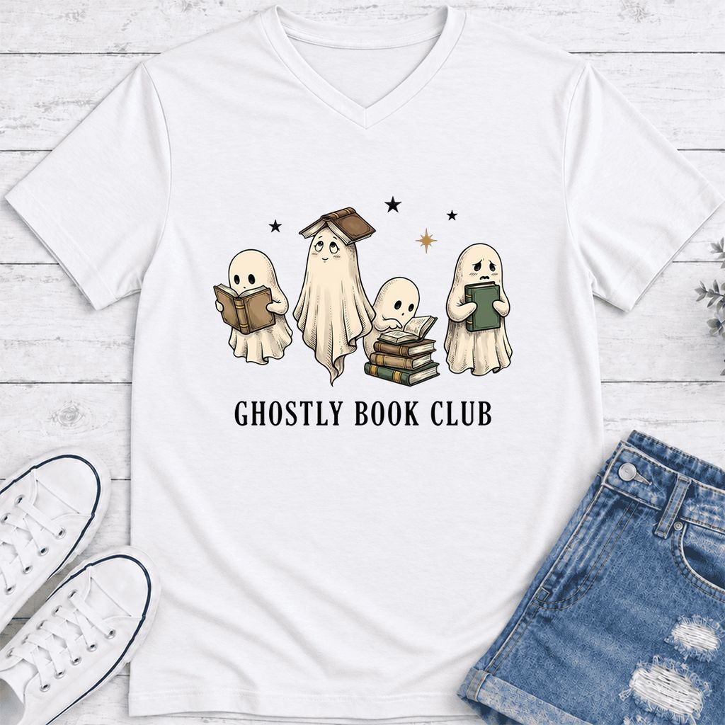 Ghostly Book Club Ultra-Soft V-Neck | Spooky Book Lover Gift White