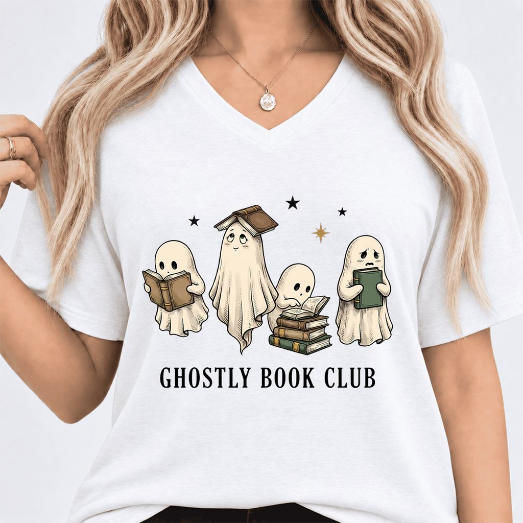Ghostly Book Club Ultra-Soft V-Neck | Spooky Book Lover Gift White