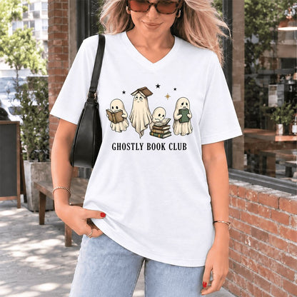 Ghostly Book Club Ultra-Soft V-Neck | Spooky Book Lover Gift White