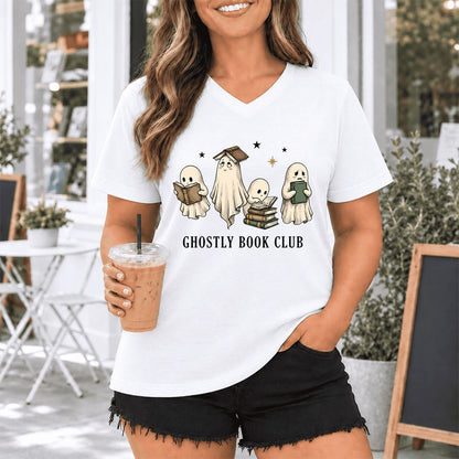 Ghostly Book Club Ultra-Soft V-Neck | Spooky Book Lover Gift White