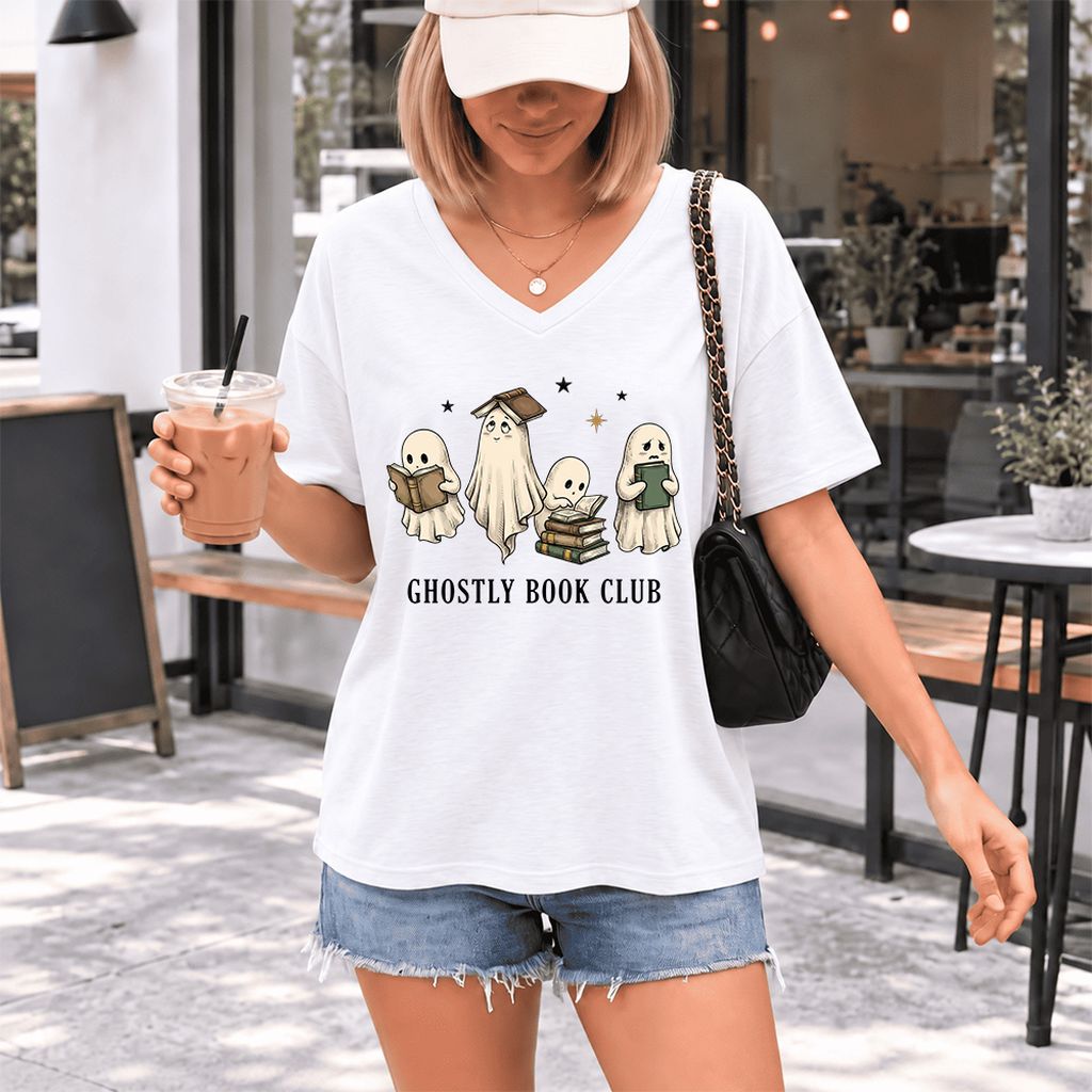 Ghostly Book Club Ultra-Soft V-Neck | Spooky Book Lover Gift White