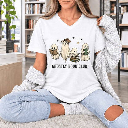 Ghostly Book Club Ultra-Soft V-Neck | Spooky Book Lover Gift White